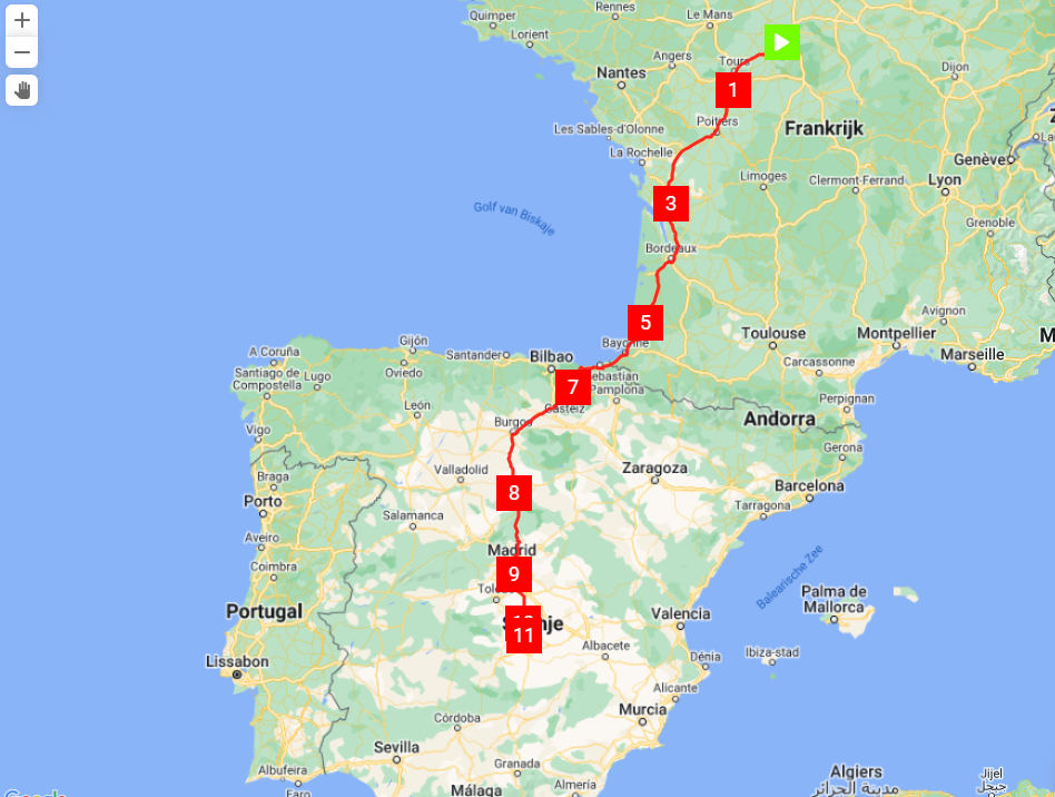 Routekaart van Orleans Frankrijk naar Puerto lapice Spanje