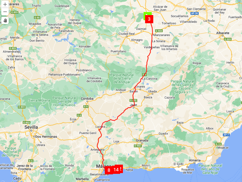 Routekaart van Puerto lapice naar Mallaga
