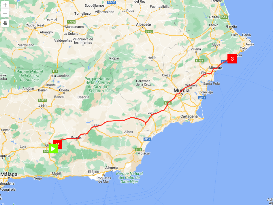 Routekaart van Granada naar Benidorm