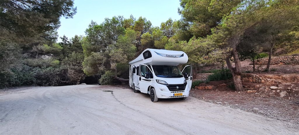 Een gezellige camper geparkeerd tussen hoge, weelderige bomen op een grindvlakte, met zonlicht dat door de bladeren filtert en een warm, gevlekt licht op de scène werpt.