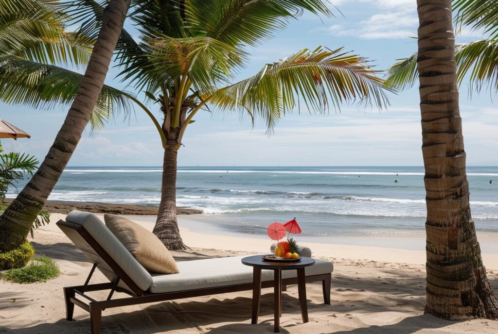 Een gezellige zitplek op een mooi strand in Bali, met een lounge stoel tussen twee palmbomen en een cocktail op een bijzettafeltje, met uitzicht op de oceaan.